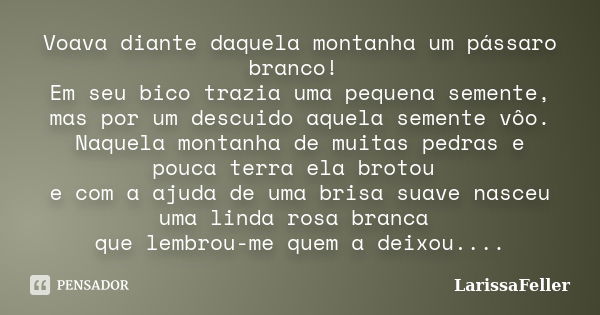 Voava diante daquela montanha um pássaro branco! Em seu bico trazia uma pequena semente, mas por um descuido aquela semente vôo. Naquela montanha de muitas pedr... Frase de LarissaFeller.