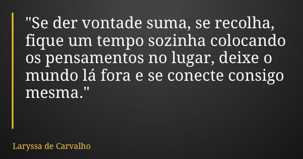 "Se der vontade suma, se recolha, fique um tempo sozinha colocando os pensamentos no lugar, deixe o mundo lá fora e se conecte consigo mesma."... Frase de Laryssa de Carvalho.