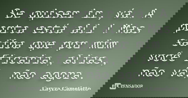 Se quiser ir, vá. A porta está ali ! Mas saiba que por mim você ficaria, alias, não vá, não agora.... Frase de Laryza Camelatto.