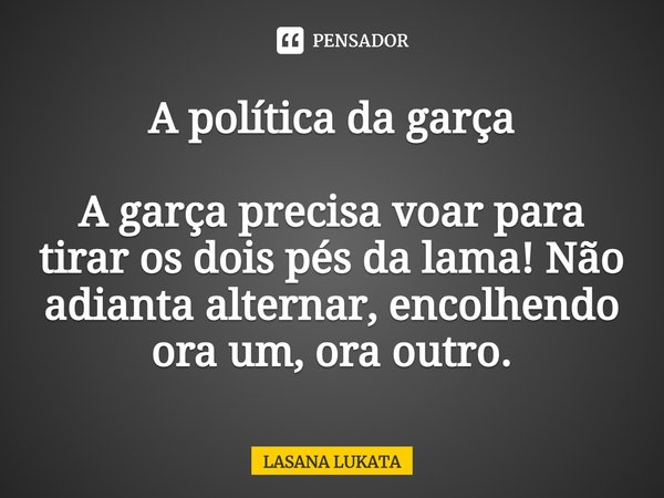 ⁠A política da garça A garça precisa voar para tirar os dois pés da lama! Não adianta alternar, encolhendo ora um, ora outro.... Frase de LASANA LUKATA.