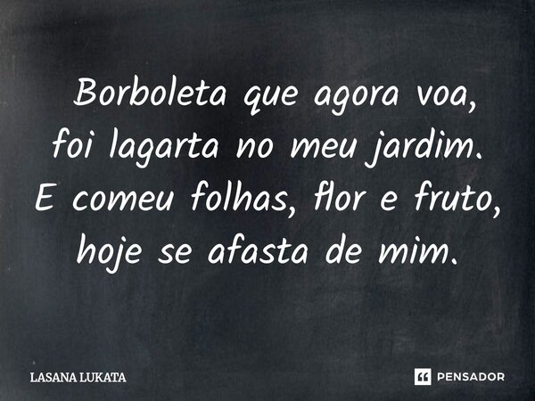 ⁠ Borboleta que agora voa, foi lagarta no meu jardim. E comeu folhas, flor e fruto, hoje se afasta de mim.... Frase de LASANA LUKATA.