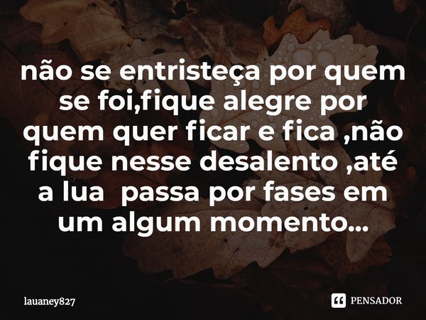 nã⁠o se entristeça por quem se foi,fique alegre por quem quer ficar e fica ,não fique nesse desalento ,até a lua passa por fases em um algum momento...... Frase de lauaney827.
