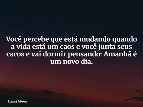 Você percebe que está mudando quando a vida está um caos e você junta seus cacos e vai dormir pensando: Amanhã é um novo dia.... Frase de Laura Abreu.
