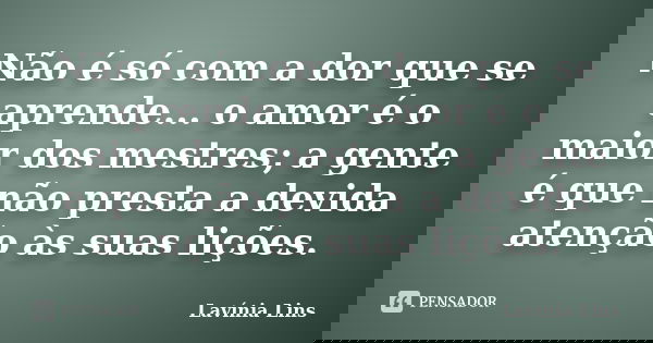 Não é só com a dor que se aprende... o amor é o maior dos mestres; a gente é que não presta a devida atenção às suas lições.... Frase de Lavínia Lins.