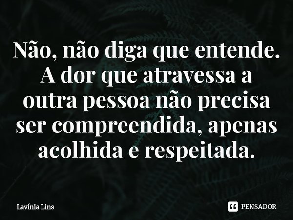 ⁠Não, não diga que entende. A dor que atravessa a outra pessoa não precisa ser compreendida, apenas acolhida e respeitada.... Frase de Lavínia Lins.