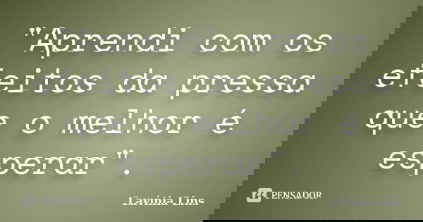 "Aprendi com os efeitos da pressa que o melhor é esperar".... Frase de Lavínia Lins.