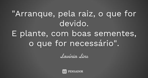 "Arranque, pela raiz, o que for devido. E plante, com boas sementes, o que for necessário".... Frase de Lavínia Lins.