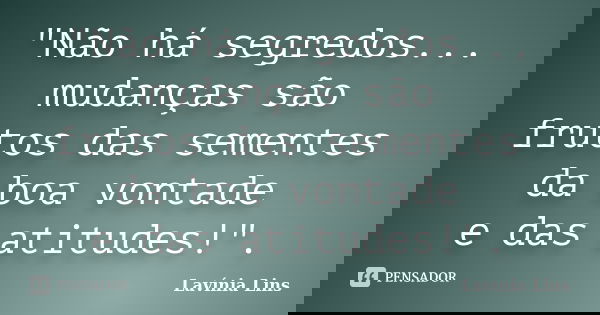 "Não há segredos... mudanças são frutos das sementes da boa vontade e das atitudes!".... Frase de Lavínia Lins.