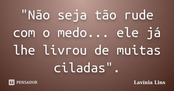 "Não seja tão rude com o medo... ele já lhe livrou de muitas ciladas".... Frase de Lavínia Lins.