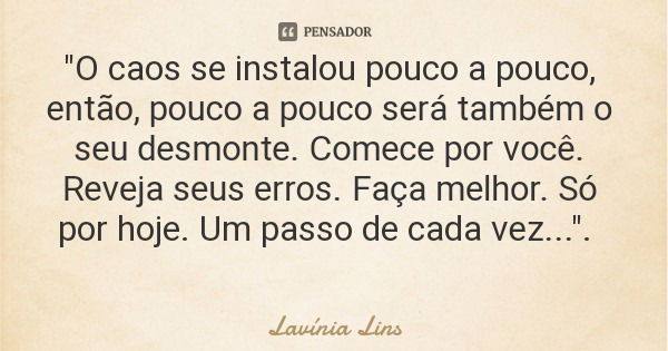 "O caos se instalou pouco a pouco, então, pouco a pouco será também o seu desmonte. Comece por você. Reveja seus erros. Faça melhor. Só por hoje. Um passo ... Frase de Lavínia Lins.