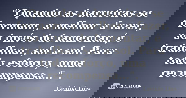 "Quando as barreiras se formam, o melhor a fazer, ao invés de lamentar, é trabalhar, sol a sol. Para todo esforço, uma recompensa...".... Frase de Lavínia Lins.