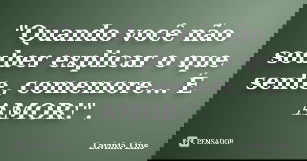 "Quando você não souber explicar o que sente, comemore... É AMOR!".... Frase de Lavínia Lins.