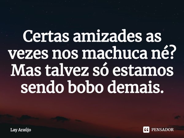 ⁠Certas amizades as vezes nos machuca né?
Mas talvez só estamos sendo bobo demais.... Frase de Lay Araújo.