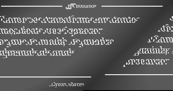 O amor se transforma em tantas formas,basta você reparar. O amor que te molda, te quebra gaiolas, depende de onde procurar.... Frase de Layon Soares.