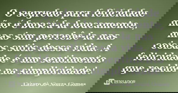 O segredo para felicidade não é buscá-la loucamente, mas sim percebê-la nas coisas sutis dessa vida. A felicidade é um sentimento que reside na simplicidade!... Frase de Lázaro de Souza Gomes.