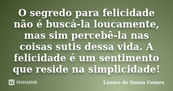 O segredo para felicidade não é buscá-la loucamente, mas sim percebê-la nas coisas sutis dessa vida. A felicidade é um sentimento que reside na simplicidade!... Frase de Lázaro de Souza Gomes.