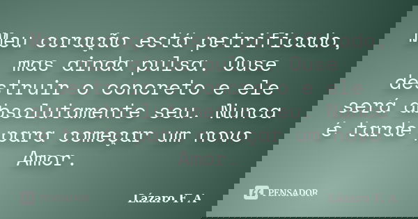 Meu coração está petrificado, mas ainda pulsa. Ouse destruir o concreto e ele será absolutamente seu. Nunca é tarde para começar um novo Amor.... Frase de Lázaro F. A.