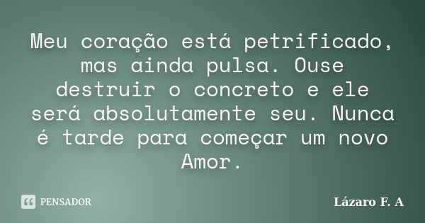 Meu coração está petrificado, mas ainda pulsa. Ouse destruir o concreto e ele será absolutamente seu. Nunca é tarde para começar um novo Amor.... Frase de Lázaro F. A.