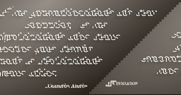 É na grandiosidade do teu sorriso, e na simplicidade dos teus gestos que tenho encontrado a felicidade nos meus dias.... Frase de Leandro Andre.