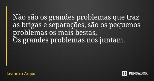 Não são os grandes problemas que traz as brigas e separações, são os pequenos problemas os mais bestas, Os grandes problemas nos juntam.... Frase de Leandro Anjos.