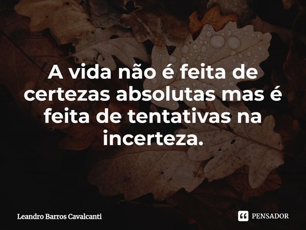 ⁠A vida não é feita de certezas absolutas mas é feita de tentativas na incerteza.... Frase de Leandro Barros Cavalcanti.