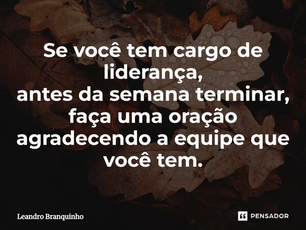 ⁠Se você tem cargo de liderança, antes da semana terminar, faça uma oração agradecendo a equipe que você tem.... Frase de Leandro Branquinho.