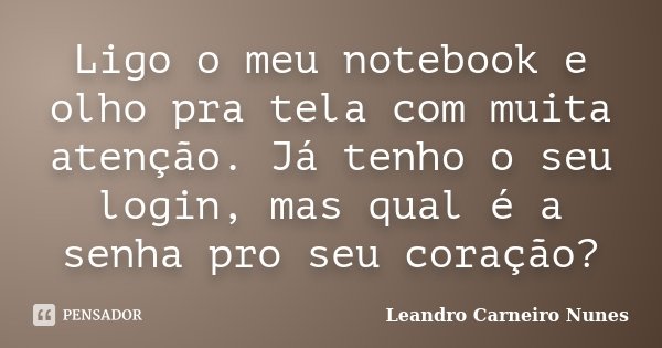 Ligo o meu notebook e olho pra tela com muita atenção. Já tenho o seu login, mas qual é a senha pro seu coração?... Frase de Leandro Carneiro Nunes.