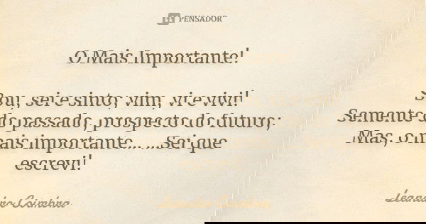 O Mais Importante! Sou, sei e sinto; vim, vi e vivi! Semente do passado, prospecto do futuro; Mas, o mais importante... ...Sei que escrevi!... Frase de Leandro Coimbra.