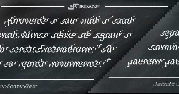 Aproveite a sua vida à cada segundo.Nunca deixe de seguir o caminho certo.Entenderam? Ou querem que eu repita novamente?... Frase de Leandro Dos Santos Rosa.