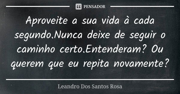 Aproveite a sua vida à cada segundo.Nunca deixe de seguir o caminho certo.Entenderam? Ou querem que eu repita novamente?... Frase de Leandro Dos Santos Rosa.