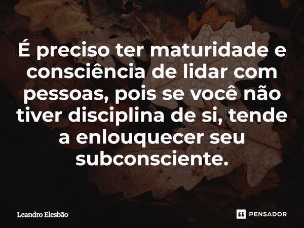 ⁠É preciso ter maturidade e consciência de lidar com pessoas, pois se você não tiver disciplina de si, tende a enlouquecer seu subconsciente.... Frase de Leandro Elesbão.