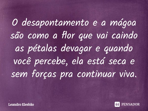 ⁠O desapontamento e a mágoa são como a flor que vai caindo as pétalas devagar e quando você percebe, ela está seca e sem forças pra continuar viva.... Frase de Leandro Elesbão.