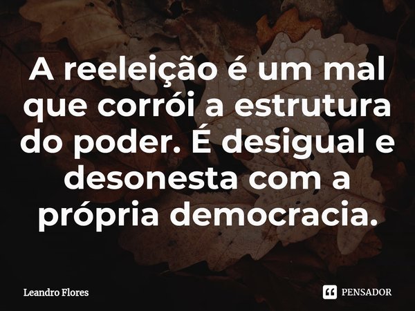 ⁠A reeleição é um mal que corrói a estrutura do poder. É desigual e desonesta com a própria democracia.... Frase de Leandro Flores.