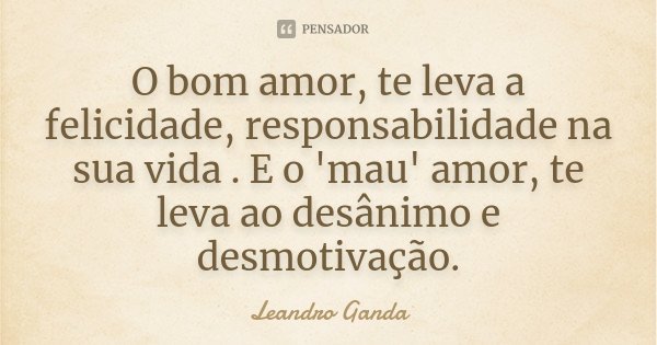 O bom amor, te leva a felicidade, responsabilidade na sua vida . E o 'mau' amor, te leva ao desânimo e desmotivação.... Frase de Leandro Ganda.