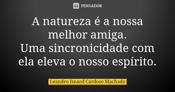 A natureza é a nossa melhor amiga. Uma sincronicidade com ela eleva o nosso espírito.... Frase de Leandro Isnard Cardoso Machado.