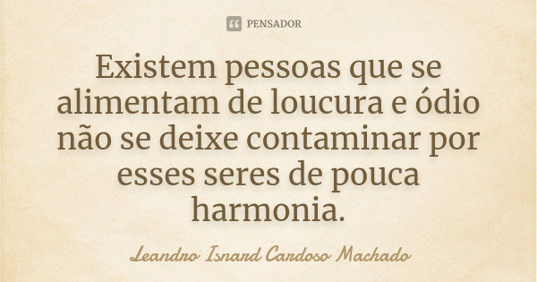 Existem pessoas que se alimentam de loucura e ódio não se deixe contaminar por esses seres de pouca harmonia.... Frase de Leandro Isnard Cardoso Machado.