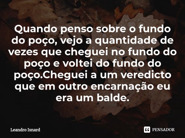 ⁠Quando penso sobre o fundo do poço, vejo a quantidade de vezes que cheguei no fundo do poço e voltei do fundo do poço.Cheguei a um veredicto que em outro encar... Frase de Leandro Isnard.