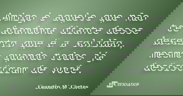 Amigo é aquele que não te abandona diante desse deserto que é a solidão, mesmo quando todos já desistiram de você.... Frase de Leandro M. Cortes.
