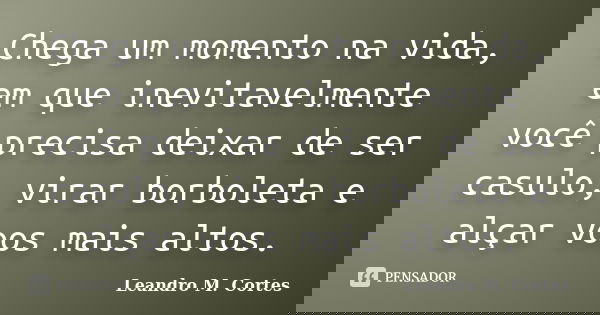 Chega um momento na vida, em que inevitavelmente você precisa deixar de ser casulo, virar borboleta e alçar voos mais altos.... Frase de Leandro M. Cortes.