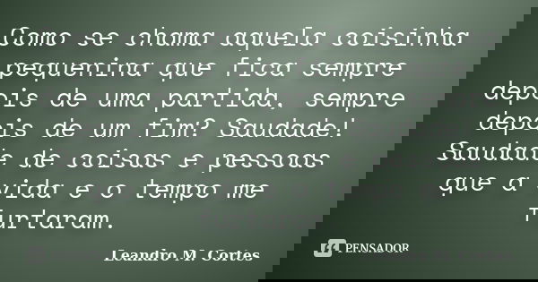 Como se chama aquela coisinha pequenina que fica sempre depois de uma partida, sempre depois de um fim? Saudade! Saudade de coisas e pessoas que a vida e o temp... Frase de Leandro M. Cortes.