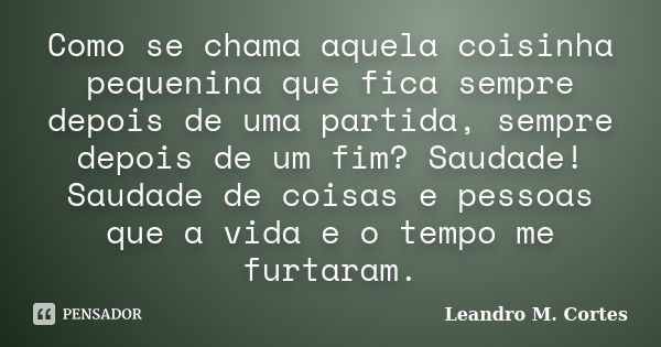 Como se chama aquela coisinha pequenina que fica sempre depois de uma partida, sempre depois de um fim? Saudade! Saudade de coisas e pessoas que a vida e o temp... Frase de Leandro M. Cortes.