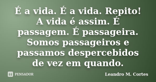 É a vida. É a vida. Repito! A vida é assim. É passagem. É passageira. Somos passageiros e passamos despercebidos de vez em quando.... Frase de Leandro M. Cortes.