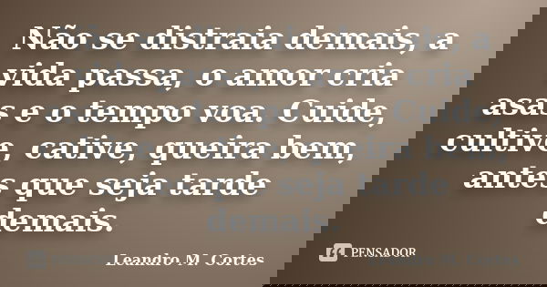 Não se distraia demais, a vida passa, o amor cria asas e o tempo voa. Cuide, cultive, cative, queira bem, antes que seja tarde demais.... Frase de Leandro M. Cortes.