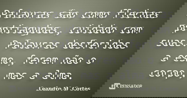 Palavras são como flechas pontiagudas, cuidado com suas. Palavras desferidas a esmo, ferem não o corpo, mas a alma.... Frase de Leandro M. Cortes.
