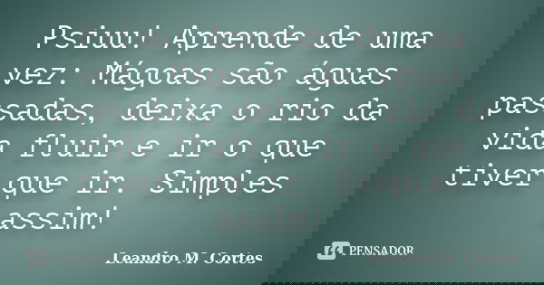 Psiuu! Aprende de uma vez: Mágoas são águas passadas, deixa o rio da vida fluir e ir o que tiver que ir. Simples assim!... Frase de Leandro M. Cortes.