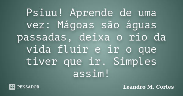 Psiuu! Aprende de uma vez: Mágoas são águas passadas, deixa o rio da vida fluir e ir o que tiver que ir. Simples assim!... Frase de Leandro M. Cortes.