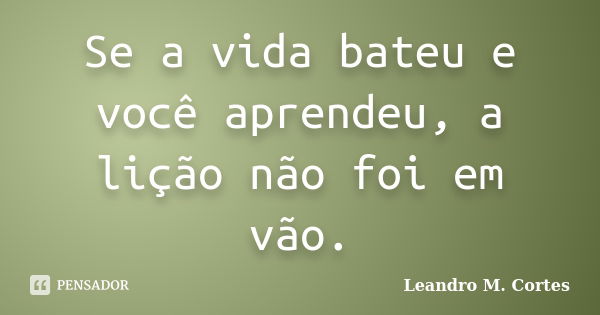 Se a vida bateu e você aprendeu, a lição não foi em vão.... Frase de Leandro M. Cortes.