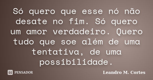 Só quero que esse nó não desate no fim. Só quero um amor verdadeiro. Quero tudo que soe além de uma tentativa, de uma possibilidade.... Frase de Leandro M. Cortes.