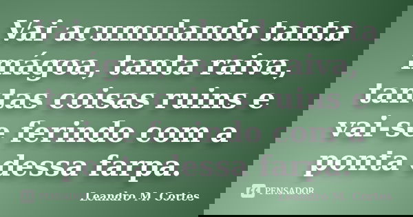 Vai acumulando tanta mágoa, tanta raiva, tantas coisas ruins e vai-se ferindo com a ponta dessa farpa.... Frase de Leandro M. Cortes.