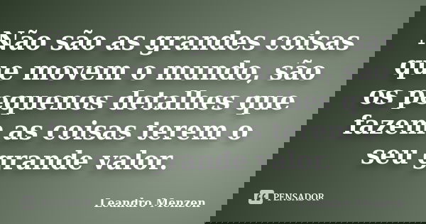 Não são as grandes coisas que movem o mundo, são os pequenos detalhes que fazem as coisas terem o seu grande valor.... Frase de Leandro Menzen.